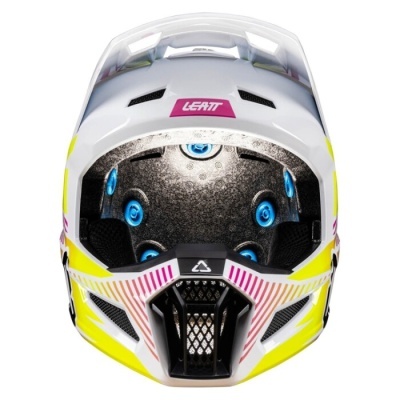 Capacete branco com detalhes amarelos e rosa, com interior acolchoado azul