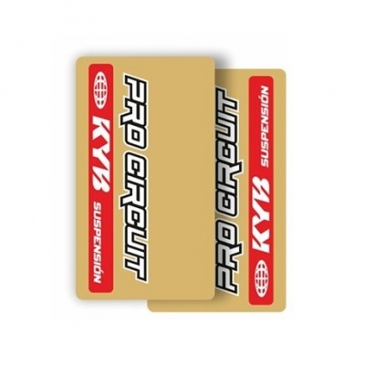 Etiquetas KYB SUSPENSION e PRO CIRCUIT douradas, vermelhas e brancas para suspensão.