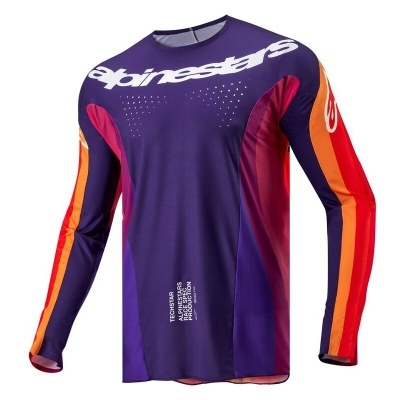 Camisola desportiva de manga comprida roxa com texto alpinestars branco e detalhes coloridos nas mangas