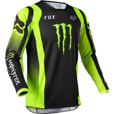 Camisola de motocross preta e verde com logotipos Monster e FOX