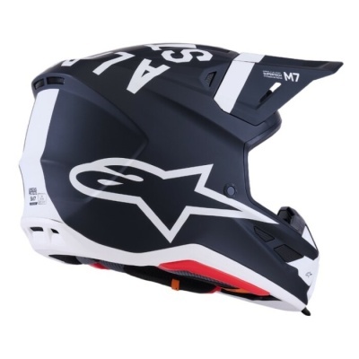 Capacete de motocross preto e branco com detalhes em vermelho