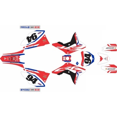 Conjunto de decalques adesivos vermelhos, brancos e azuis para mota com números 94 e várias marcas