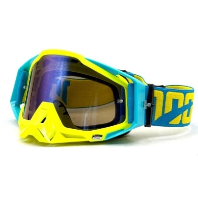 Óculos de proteção coloridos com lente azul refletora e elástico ajustável azul e amarelo