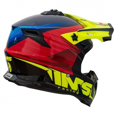 Capacete de motocross colorido com vermelho, amarelo fluorescente, azul e preto