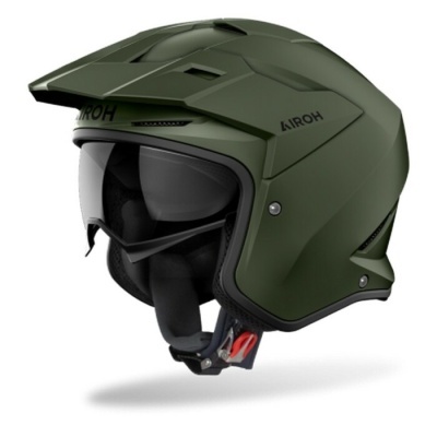 Capacete de moto verde-oliva com viseira escura e espuma interior preta