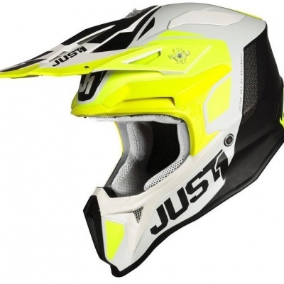 Capacete motocross branco, amarelo e preto com marca JUST