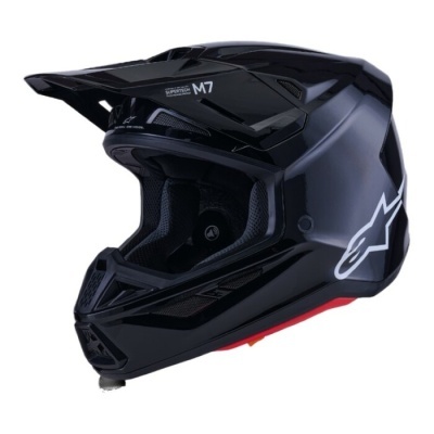 capacete integral de motocross preto com detalhes brancos e vermelhos