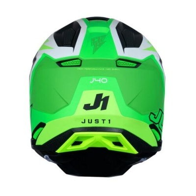Capacete de moto verde, branco e preto com texto J40, J1 e JUST1