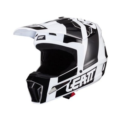 Capacete motocross branco e preto LEATT com visor e proteção de queixo