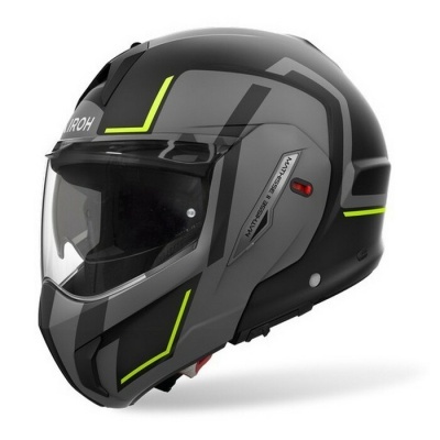 Capacete de moto preto e cinza com detalhes amarelos e viseira transparente