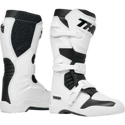 Botas de motocross brancas e pretas com fechos ajustáveis e selo THOR