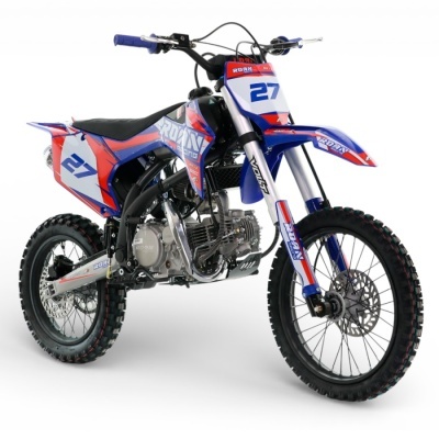 Mota de cross azul, vermelho e branco com número 27 e marca ROAN Racing