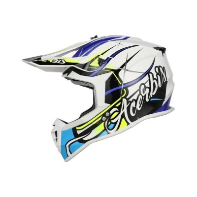 Capacete motocross branco com detalhes azuis, amarelos e pretos e texto Acerbis