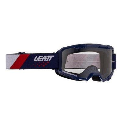 Óculos de proteção azuis com faixa elástica tricolor e texto LEATT