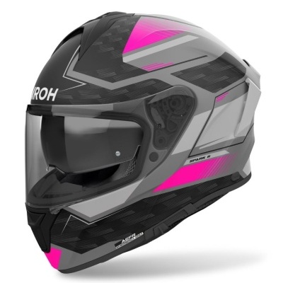 Capacete integral de motocicleta preto, cinza e rosa com visor transparente e marca AIROH.