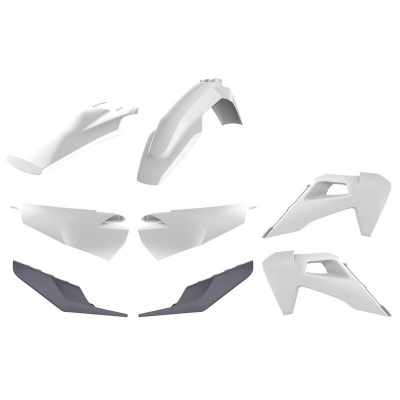 Conjunto de peças de plástico para motocicleta em branco e preto sobre fundo branco