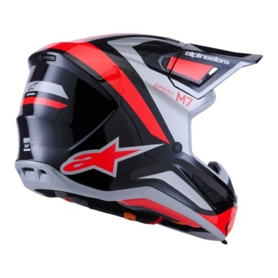 Capacete de motocross alpinestars preto, vermelho e cinzento com logótipo e viseira
