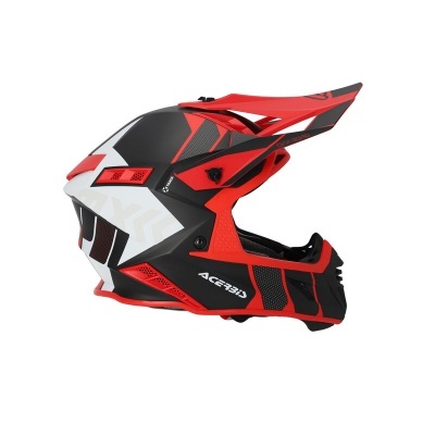 Capacete de motocross preto, vermelho e branco com padrões e ventilação