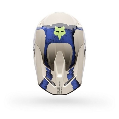 Capacete de motocross branco com detalhes azuis e logótipo verde de raposa