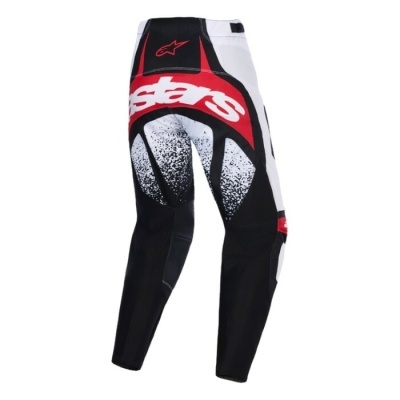 Calças de motocross com design preto, branco e vermelho com palavra stars e logo vermelho