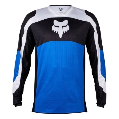 Camisola desportiva de manga comprida azul, preta e branca com logótipo de raposa.