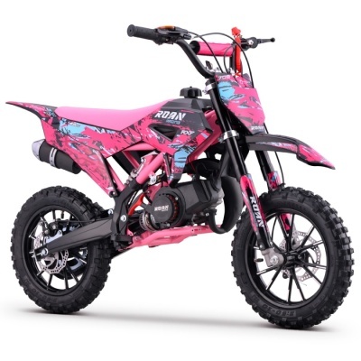 Motociclo infantil cor de rosa e preto com detalhes azuis e pneus de borracha