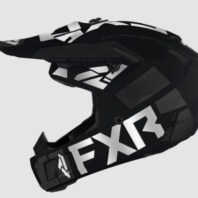 Capacete integral preto com detalhes brancos e cinzentos e sigla FXR