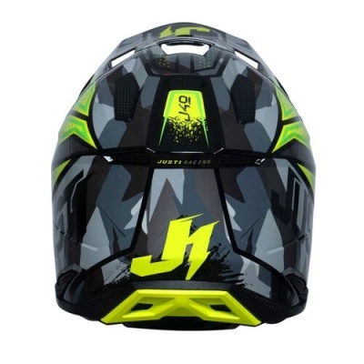 Capacete de motocross camuflado cinza, preto e amarelo com texto JH e JUST1 RACING