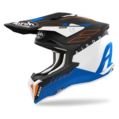 Capacete motocross Airoh preto, branco, azul e laranja com visor