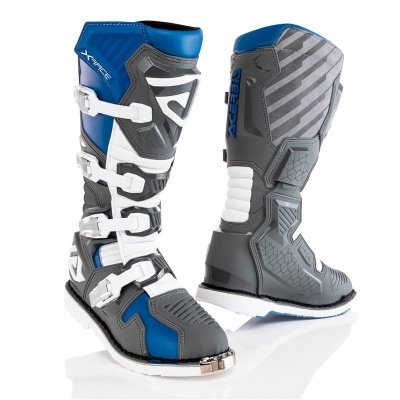 Botas motorizadas Acerbis X-TREME em azul, cinza, branco e preto com fivelas