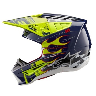 Capacete integral motocross azul escuro com detalhes amarelo, vermelho, branco e padrões de chamas