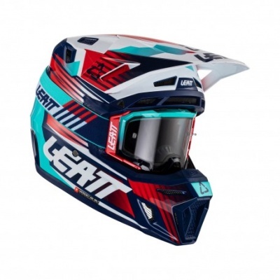 Casco integral para motocross LEATT azul, vermelho, branco e verde água com visor transparente