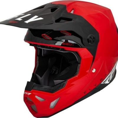 Capacete integral motocross vermelho e preto com visor e inscrições Fly e Arheon