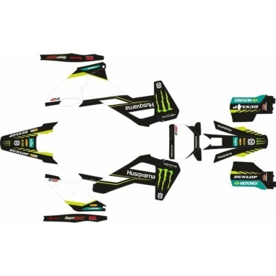 Autocolantes adesivos para mota Husqvarna preta, branca e verde com logótipos Monster, Dunlop e Motorex