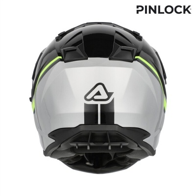 Capacete de motociclista branco preto e amarelo com texto PINLOCK