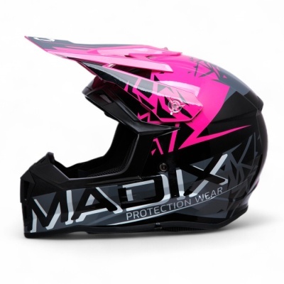 Capacete de motocross preto e rosa com padrão geométrico e texto 'MADI PROTECTION WEAR'