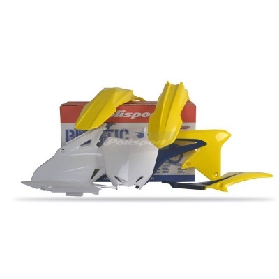 Conjunto de peças plásticas para motocicleta em amarelo, branco e azul com embalagem Polisport