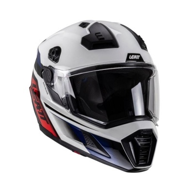Capacete integral branco, preto, vermelho e azul com viseira