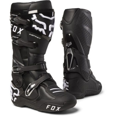 Botas de motocross pretas FOX com detalhes brancos e fivelas