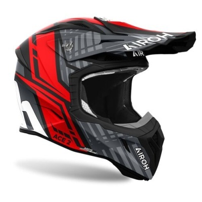 Capacete motocross vermelho, preto, cinzento e branco com texto AIROH AIR e ACE 2