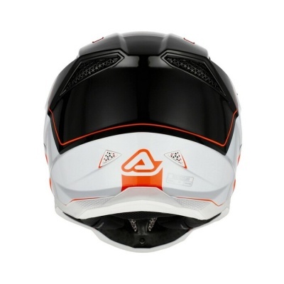 Capacete de moto branco com viseira preta e detalhes em laranja