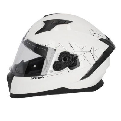 Capacete integral branco e preto com viseira transparente e gráficos lineares