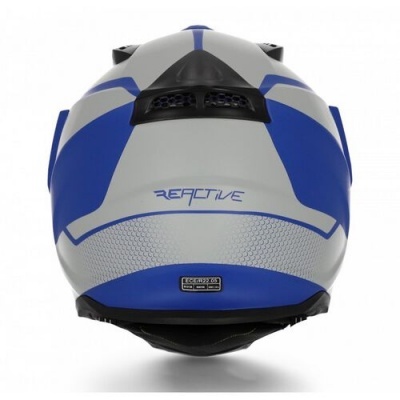 Capacete de motociclista azul, cinzento e preto com texto REACTIVE