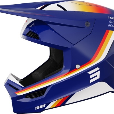 Capacete integral azul para motocross com detalhes coloridos e textos