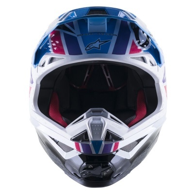 Capacete integral motocross azul branco vermelho com interior acolchoado vermelho e logotipo Alpinestars