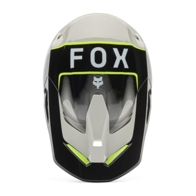 Capacete motocross cinza, preto e verde com texto FOX