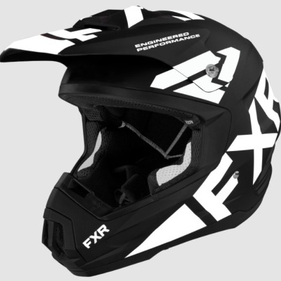 Capacete preto e branco para motocross com texto ENGINEERED PERFORMANCE