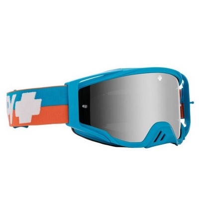 Óculos de proteção azul turquesa com lente espelhada e faixa elástica azul com detalhes laranja e brancos