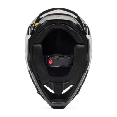 Capacete preto e branco visto por dentro, com interior acolchoado e cinta ajustável