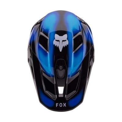 Capacete desportivo de bicicleta preto e azul com logótipo FOX branco